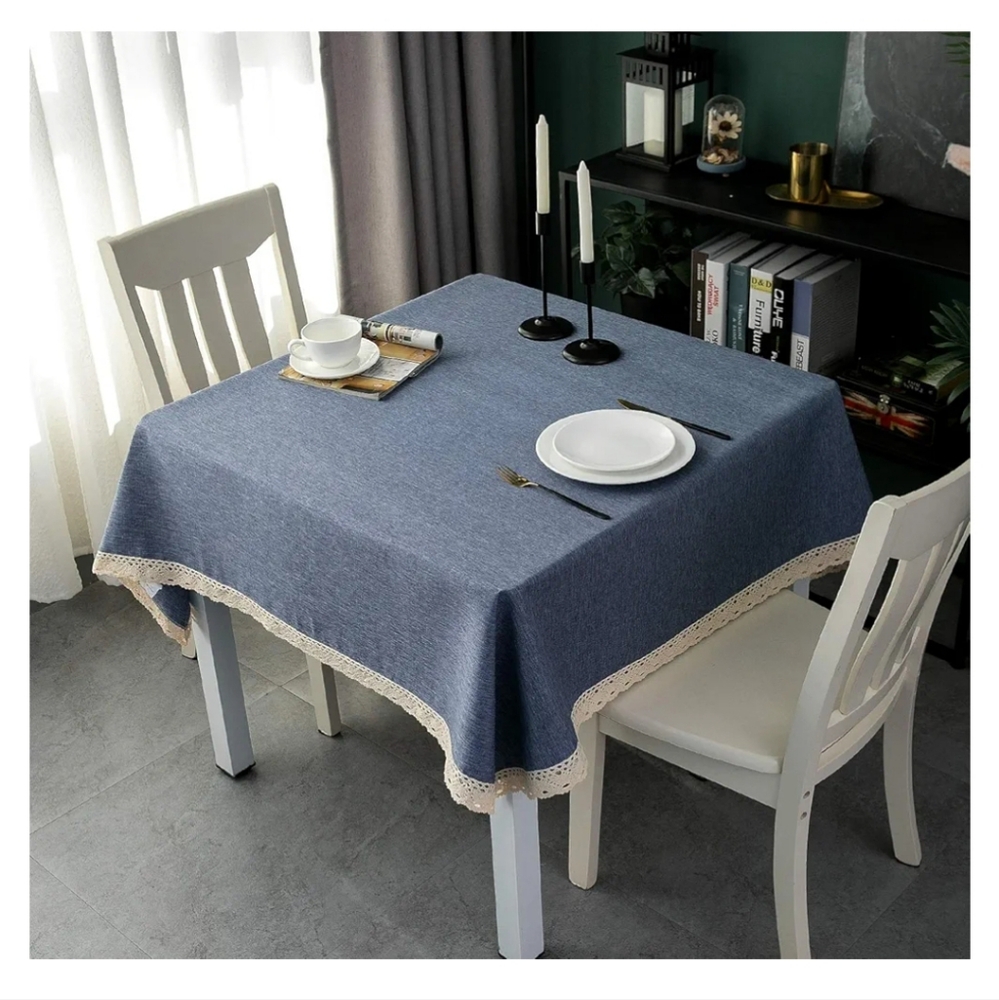 EHouseHome faux Linen tablecloth 70x70 & Napkins 20x20 denim blue & cream NWOT - Picture 2 of 7